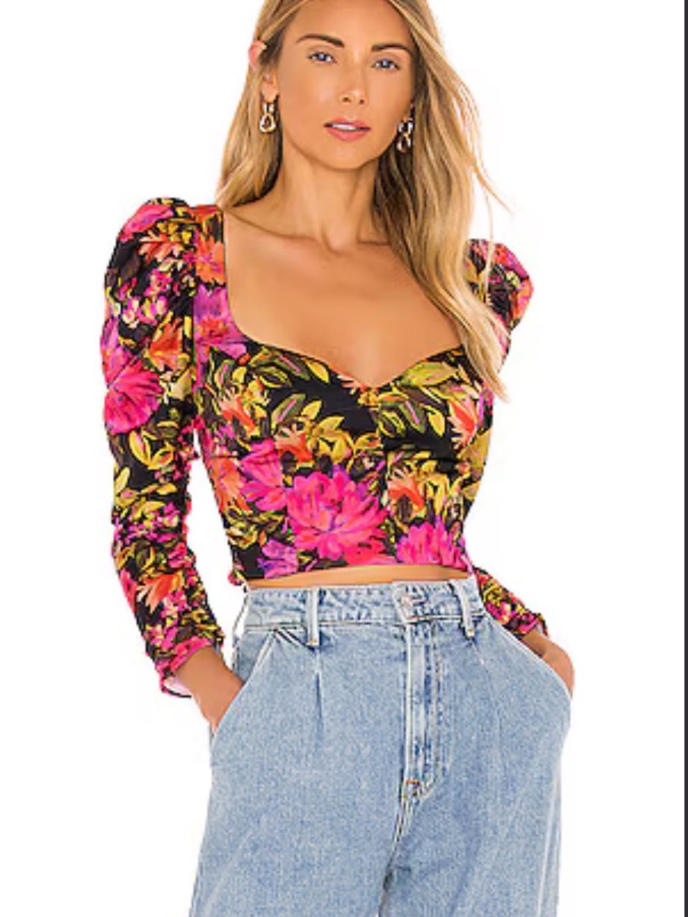 For Love and Lemons Dakota Floral Sweetheart Crop Top - Pink/Black